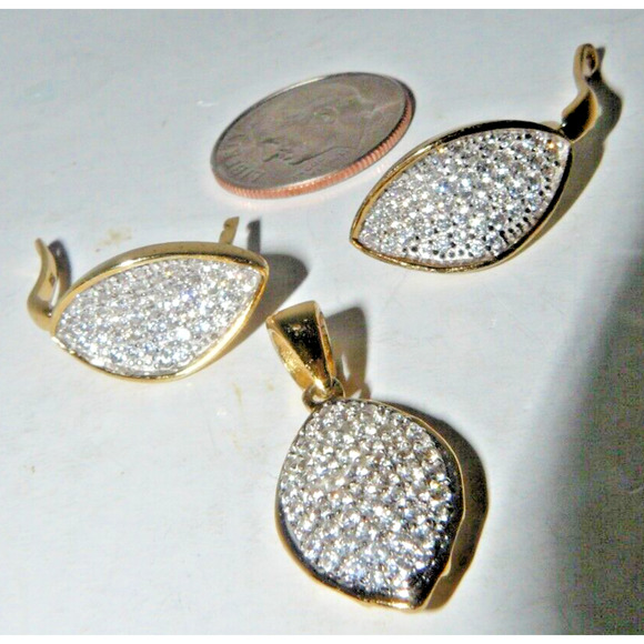 Pave Diamond Covered Leaf Shaped Pendant & Earrings Set YGP 925 Sterling Silver - Picture 2 of 6